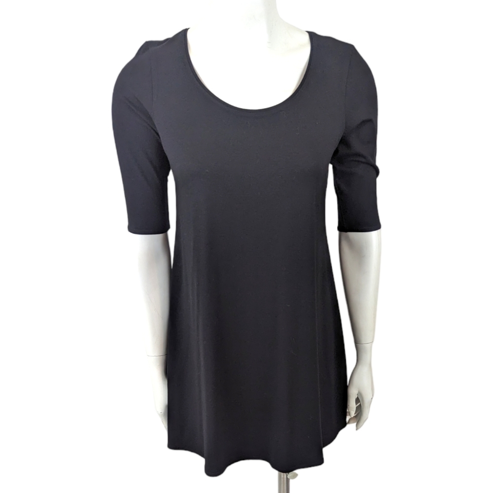 Eileen Fisher Tunic Top Scoop Neck Womens Small Black T Shirt Tee Spandex